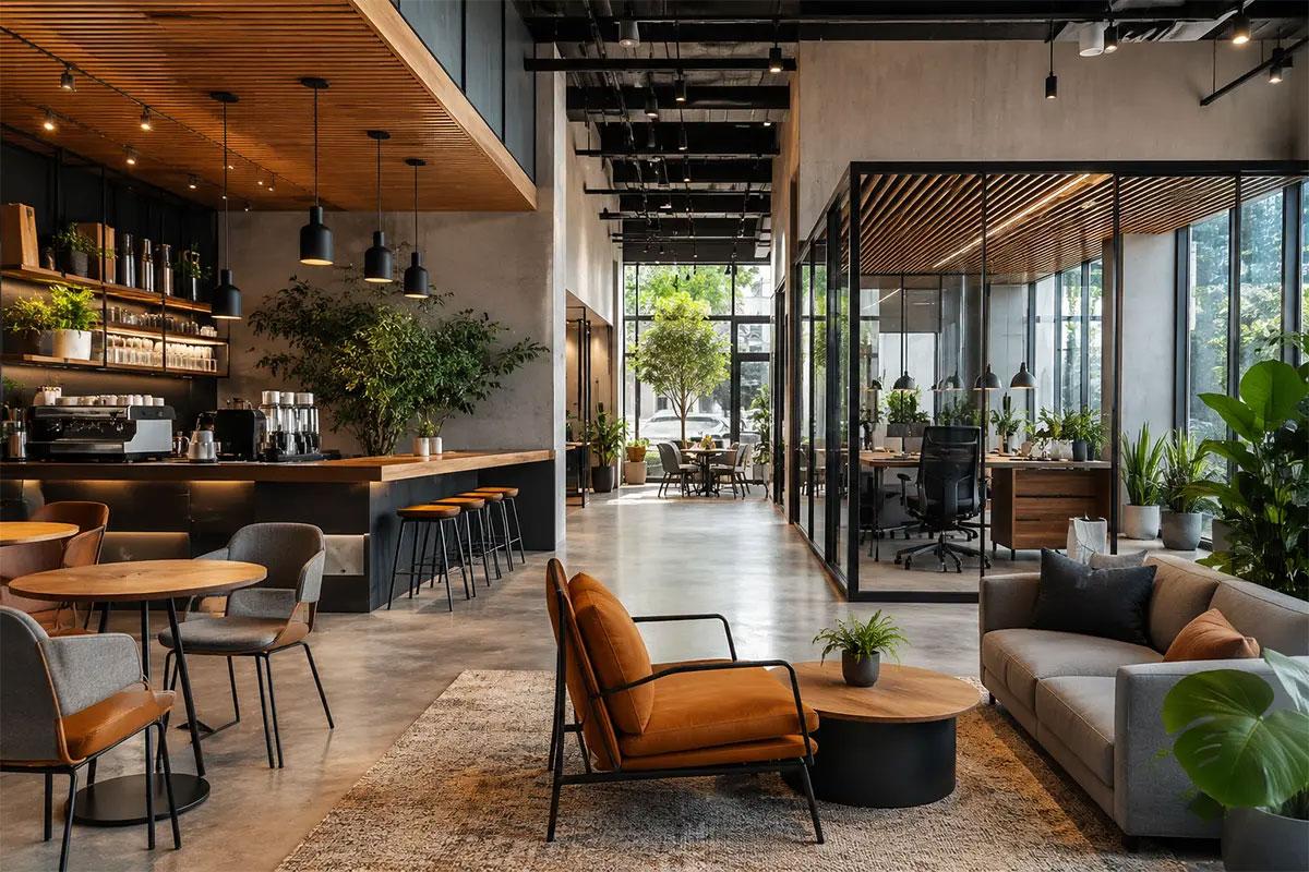 บรรยากาศภายในคาเฟ่และพื้นที่สำนักงานยุคใหม่ที่ผ่านการวางผังและตกแต่งอย่างมีสไตล์โดยบริษัทออกแบบตกแต่งภายในมืออาชีพ